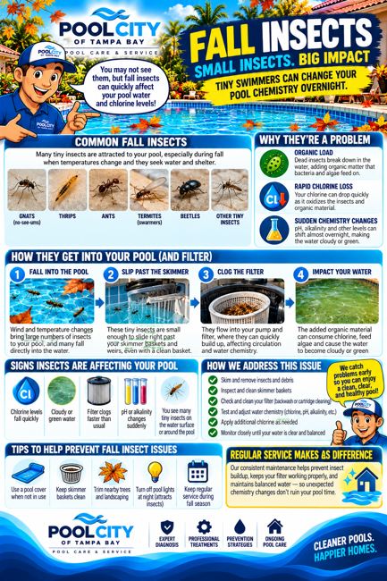 Pool City educational infographic: Fall Insects & Pool Chemistry