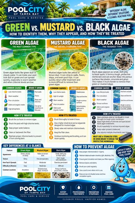 Pool City educational infographic: Green vs. Mustard vs. Black Algae