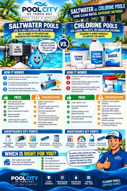 Pool City educational infographic: Saltwater vs. Chlorine Pools