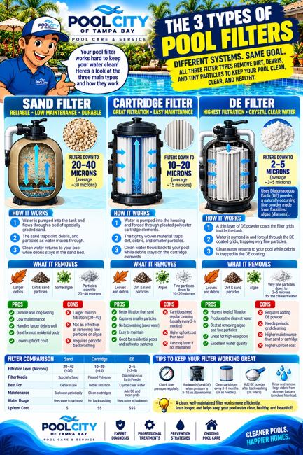 Pool City educational infographic: Three Types of Pool Filters